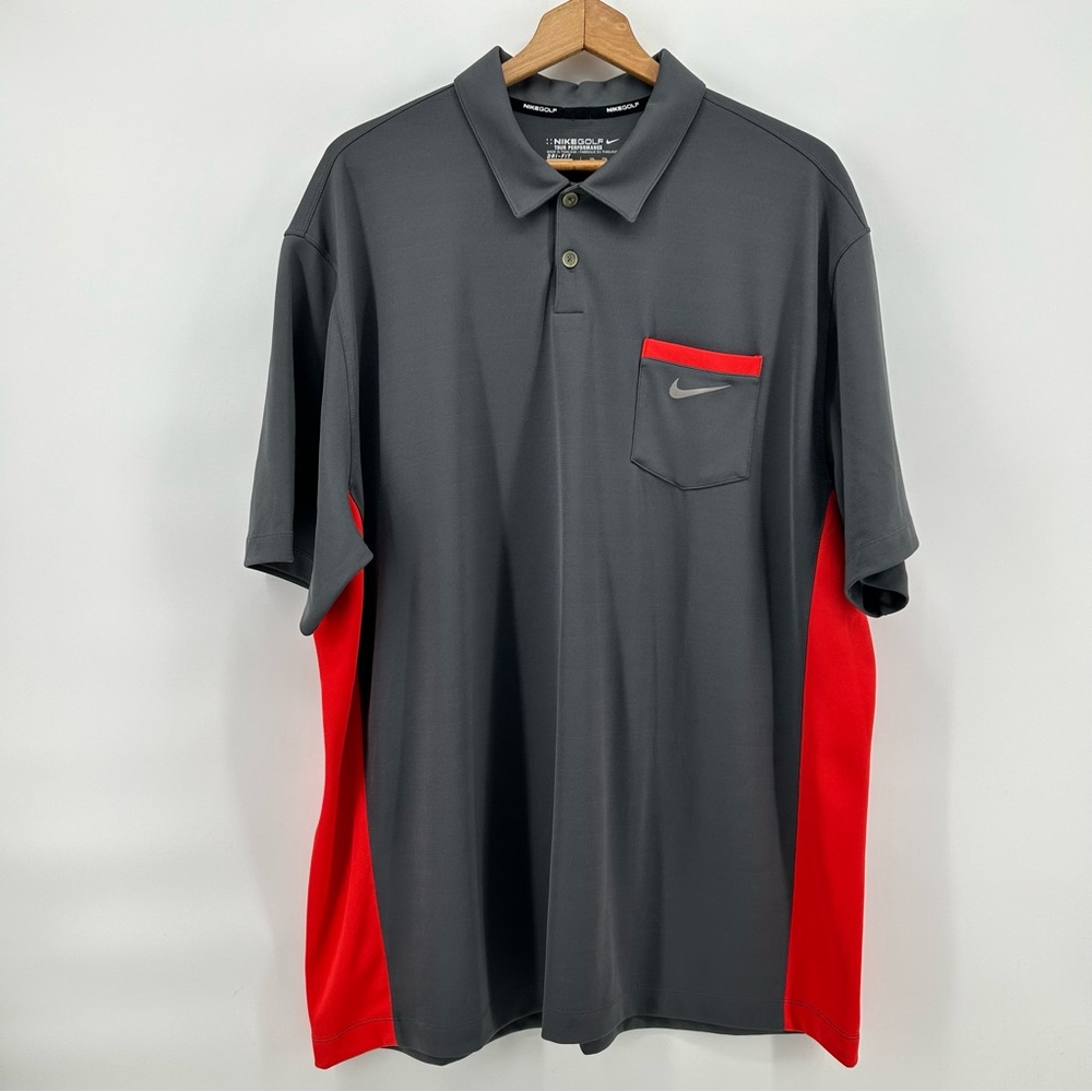 Nike Golf Tour Performance Polo Mens 2XL Gray Red Dri Fit Pocket Shirt Swoosh